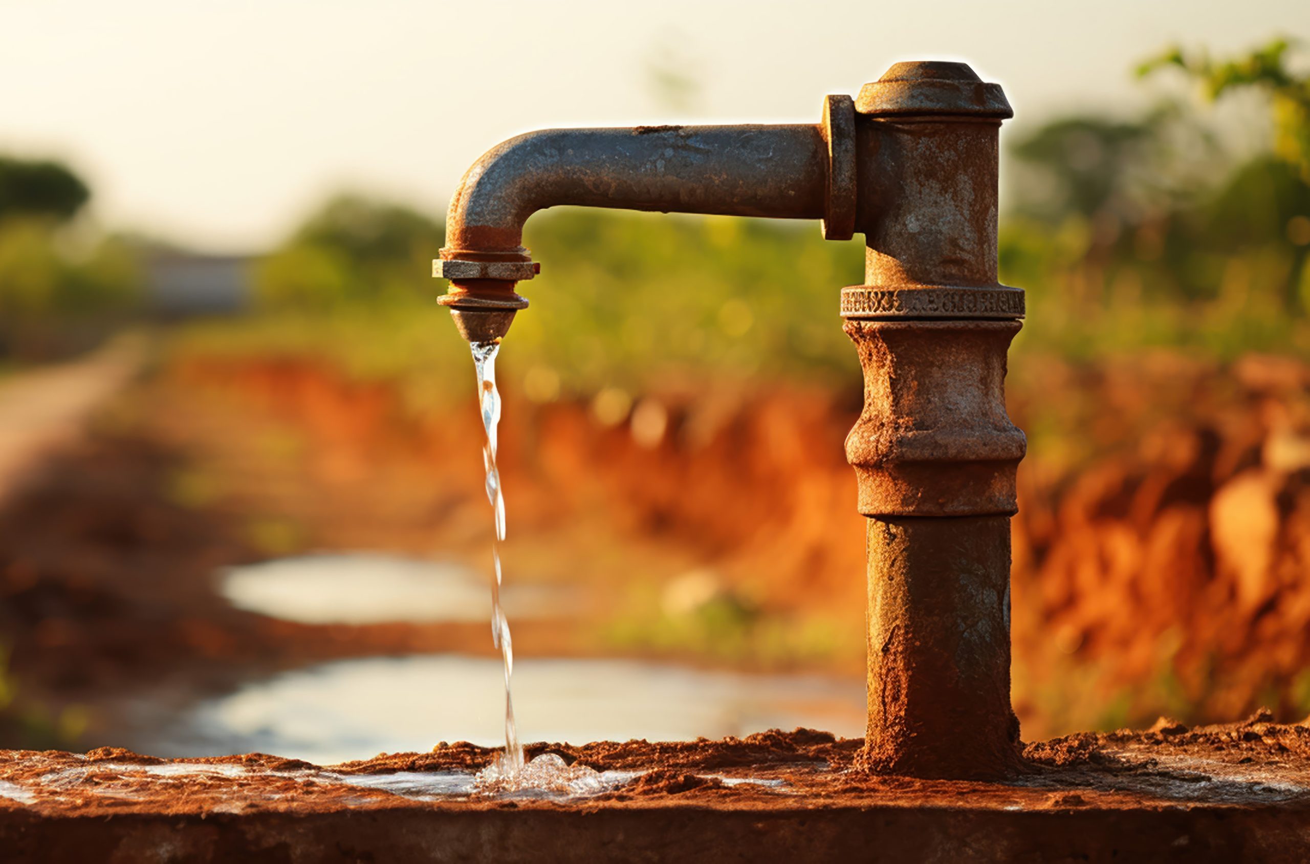 Selective focus of grunge and rusty faucet in rural area